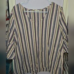 Multicolor Striped V-Neck Blouse Women Large
